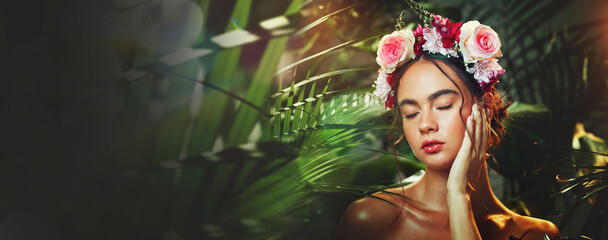 Face, beauty and flower crown with a woman on space for natural wellness, green or organic...