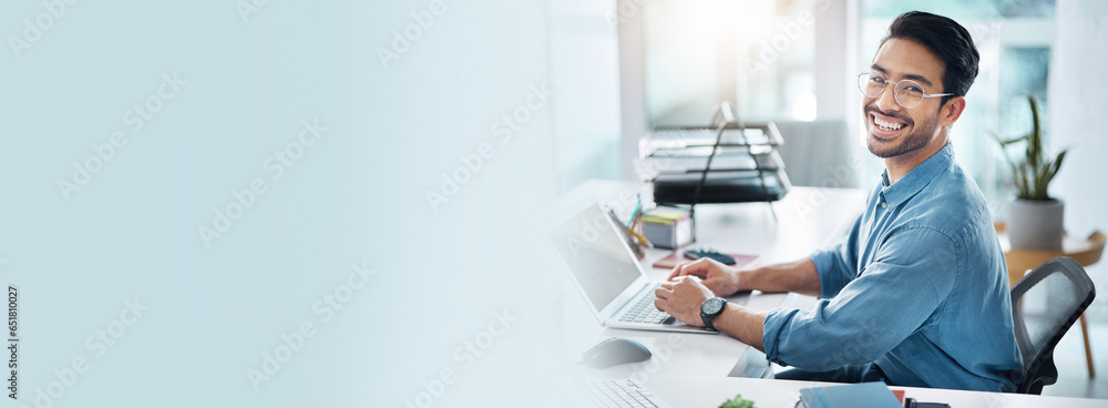 Aufkleber Business man, laptop and portrait for information technology, software development and banner or mockup. Happy face of asian employee or IT expert with solution on computer for startup tech company