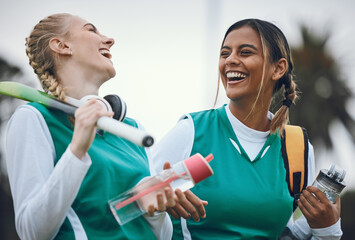 Funny, team sports or women in conversation on turf or court for break after fitness training or...
