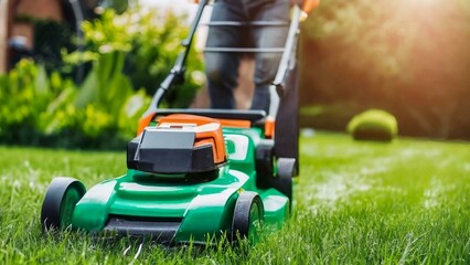 Efficient Lawn Mower in Action: Garden Grass Cutting