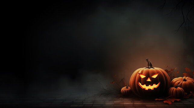 Halloween background. Pumpkins, skulls, bats and scary elements. The concept of Halloween, witchcraft and magic.