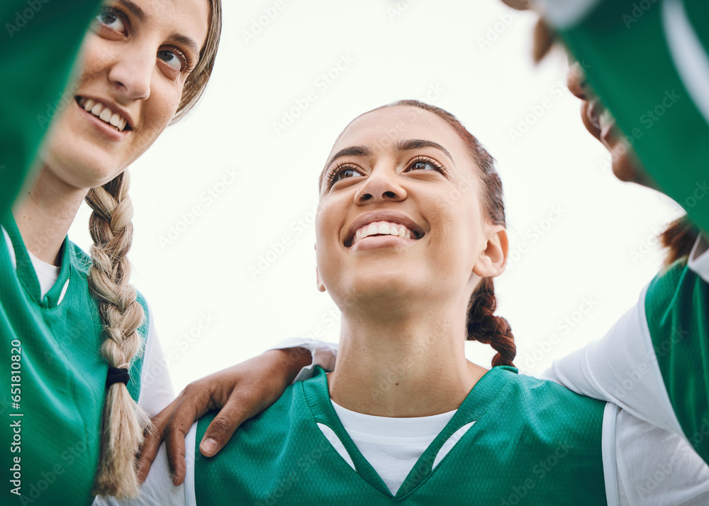 Sticker Happy, team and women huddle in sports, game or conversation on field for match advice in soccer competition. Football player, group and support together in exercise, workout or training circle