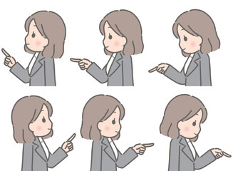 色々な方向を指さす若い女性（横向き、スーツ）