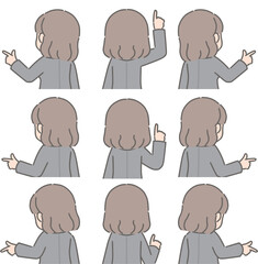 色々な方向を指さす若い女性（後ろ向き、スーツ）