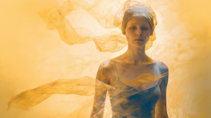 Drawing of a woman in a blue top and a headscarf in yellow smoke and a fluttering veil - obrazy, fototapety, plakaty