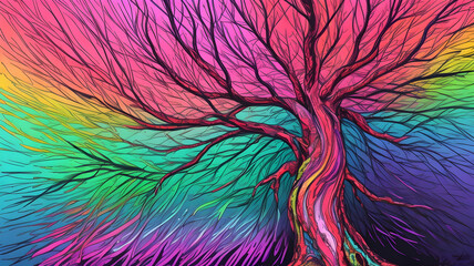 Tree. Splash art vibrant neon color effect. 
