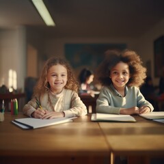 Fototapeta premium Happy children study in the classroom. A group of kids learn at school. Learning and education concept.