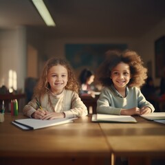 Happy children study in the classroom. A group of kids learn at school. Learning and education concept.