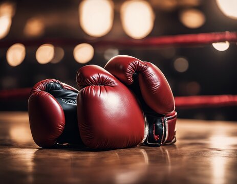 The Rematch: A pair of red boxing gloves symbolizes the passion and determination of the fighters who are ready to face each other again in the ring. 