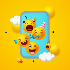 Joy, happy and fun. Yellow balls with faces and smartphone. Emotion expression . Holiday, singing, joy, fun, party, laughter, music, concert, birthday, win and special offer.