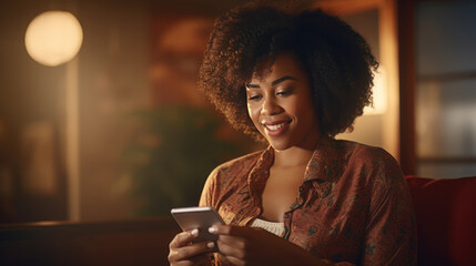 African American Woman Using Social Media on Smart Phone on the sofa