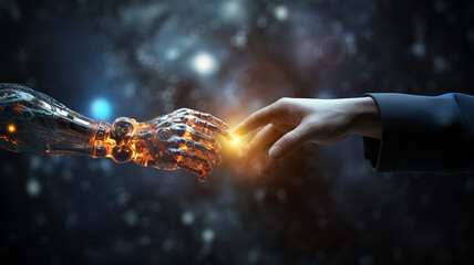 AI, Robot, Cyborg and Humanoid, Machine learning, AI Chat, Hand of robot humanoid touch a big data network connection in cyberspace. Generative Ai