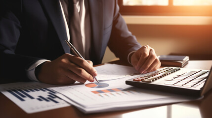 An accountant working on a desk using a calculator to calculate financial report in office business accounting finance concept. Generative Ai