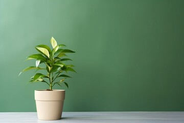 Green house potted plant on pastel green background. Houseplant for minimal creative home decor concept. Empty space