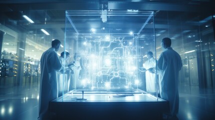 Data scientists work in a modern office of a technology company on the development of a quantum computer. Science, technology, big data and blockchain concept.