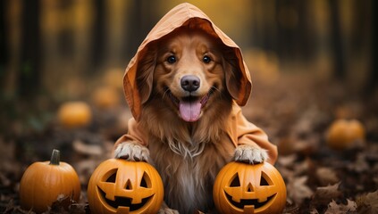 Adorable dog with halloween pumpkins on autumn forest