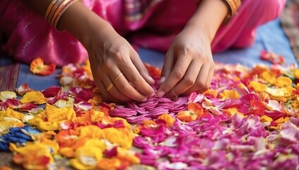 Indian girl making marigold flower garland