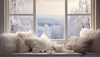 winter landscape with snow covered trees and cozy pillows on windowsill