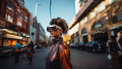 african american woman with curly hair posing in the city streets.