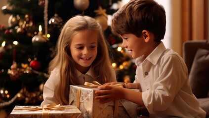 happy little children opening gift box at christmas tree in living room