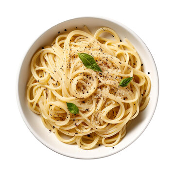 Top view of Italian food Cacio e Pepe isolated on a white transparent background 