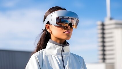 portrait of young asian woman wearing virtual reality glasses at city - obrazy, fototapety, plakaty