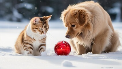 Cat and dog playing with red christmas ball in the snow.