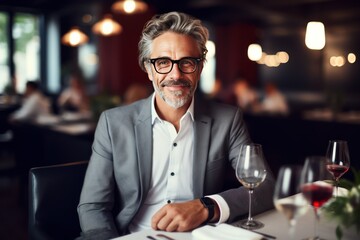 Date. Middle aged Caucasian man on date in an expensive restaurant. He holds a glass of wine, smiling and looking at you. A romantic moment at a restaurant.