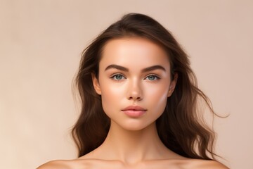 Skin care. Woman with beauty face touching healthy facial skin portrait. Beautiful smiling girl model with natural makeup touching glowing hydrated skin on light background closeup - obrazy, fototapety, plakaty