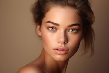 Fototapeta premium Skin care. Woman with beauty face touching healthy facial skin portrait. Beautiful smiling girl model with natural makeup touching glowing hydrated skin on light background closeup