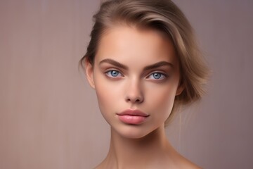 Fototapeta premium Skin care. Woman with beauty face touching healthy facial skin portrait. Beautiful smiling girl model with natural makeup touching glowing hydrated skin on light background closeup