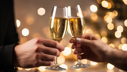 close up of man and woman hands with champagne glasses over lights background