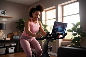 Young black woman during workout on a smart exercise bike at home. A scientific approach to training for maximum performance.