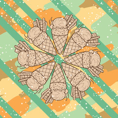 Two Scoops Line Art Ice Cream Illustration as Seamless Surface Pattern Design