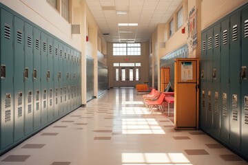 Long school corridor with lockers