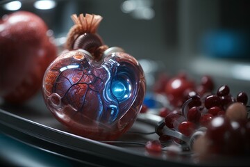 A photo-realistic image of a heart. The heart is filled with a red and blue liquid that creates a purple gradient. 