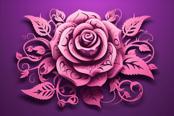 Beautiful Pink Rose with Ornament in Papercut Style on a Purple Background