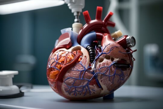 A realistic 3D model of a human heart on a laboratory table, showing the different chambers, blood vessels, and valves.