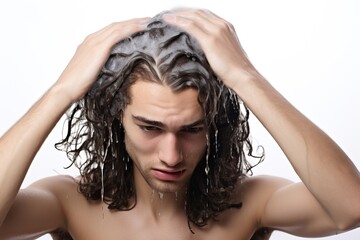 Fototapeta premium Young man massaging his scalp while applying shampoo to his hair. White background