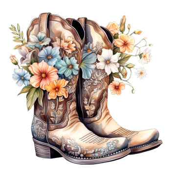 Watercolor cowboy boots with flowers isolated transparent background