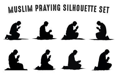 Muslim Man praying silhouette Set, Black silhouettes Man praying clipart Vector bundle