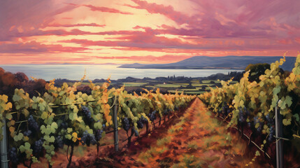 Fototapeta premium A picturesque vineyard at sunset, with rows of grapevines heavy with plump, purple grapes