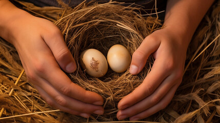 A pair of hands gently cradling a freshly laid, speckled brown egg in a nest of straw - obrazy, fototapety, plakaty