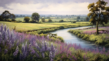 Obraz premium A peaceful countryside scene with a meandering river bordered by fields of blooming lavender