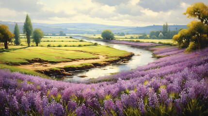 A peaceful countryside scene with a meandering river bordered by fields of blooming lavender