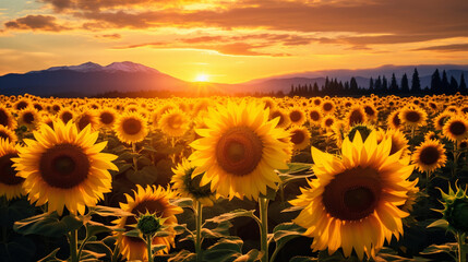 A picturesque field of sunflowers with their golden heads turned toward the sun