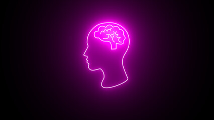Glowing neon brain sign. The human brain. Organ anatomy, neurology, concept of healthy body. Polygonal figure on black neon background.