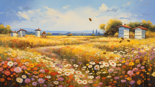 An apiary with beehives surrounded by a sea of wildflowers, as bees busily collect nectar
