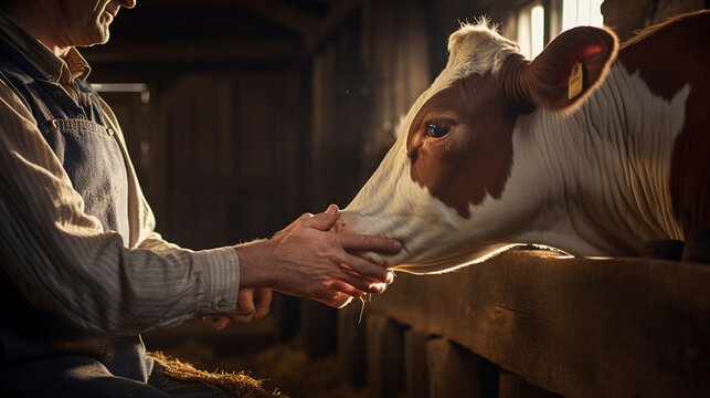 A close-up of a farmer's hands skillfully milking a contented cow in a rustic barn