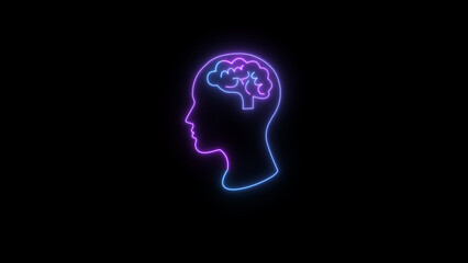Obraz premium Glowing neon brain sign. The human brain. Organ anatomy, neurology, concept of healthy body. Polygonal figure on black neon background.